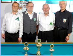 Teilnehmer v. l. Toralf Rzehak/Billardfalken/Bronze, Michael Dobrileit/Pankow/Gold, Gnter Peich/Billardfalken/Silber, Thomas Fischer/WRW/Blech