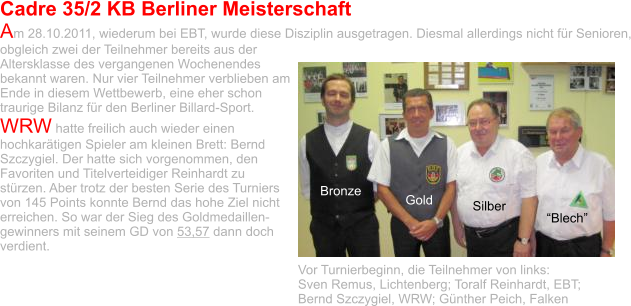 Cadre 35/2 KB Berliner Meisterschaft Am 28.10.2011, wiederum bei EBT, wurde diese Disziplin ausgetragen. Diesmal allerdings nicht für Senioren, obgleich zwei der Teilnehmer bereits aus der Altersklasse des vergangenen Wochenendes bekannt waren. Nur vier Teilnehmer verblieben am Ende in diesem Wettbewerb, eine eher schon traurige Bilanz für den Berliner Billard-Sport.  WRW hatte freilich auch wieder einen hochkarätigen Spieler am kleinen Brett: Bernd Szczygiel. Der hatte sich vorgenommen, den Favoriten und Titelverteidiger Reinhardt zu stürzen. Aber trotz der besten Serie des Turniers von 145 Points konnte Bernd das hohe Ziel nicht erreichen. So war der Sieg des Goldmedaillen-gewinners mit seinem GD von 53,57 dann doch verdient.  Vor Turnierbeginn, die Teilnehmer von links: Sven Remus, Lichtenberg; Toralf Reinhardt, EBT; Bernd Szczygiel, WRW; Günther Peich, Falken Gold Bronze Silber “Blech”