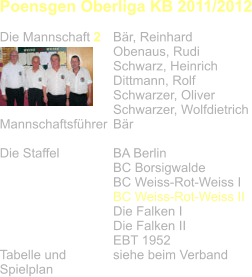 Poensgen Oberliga KB 2011/2012  Die Mannschaft 2	Bär, Reinhard Obenaus, Rudi Schwarz, Heinrich Dittmann, Rolf Schwarzer, Oliver Schwarzer, Wolfdietrich Mannschaftsführer	Bär  Die Staffel		BA Berlin BC Borsigwalde BC Weiss-Rot-Weiss I BC Weiss-Rot-Weiss II Die Falken I Die Falken II EBT 1952 Tabelle und 		siehe beim Verband Spielplan