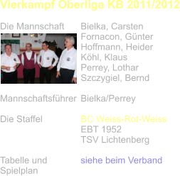Vierkampf Oberliga KB 2011/2012  Die Mannschaft	Bielka, Carsten Fornacon, Günter Hoffmann, Heider Köhl, Klaus Perrey, Lothar Szczygiel, Bernd  Mannschaftsführer	Bielka/Perrey  Die Staffel		BC Weiss-Rot-Weiss EBT 1952 TSV Lichtenberg  Tabelle und 		siehe beim Verband Spielplan