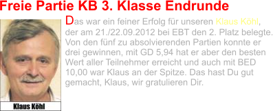 Freie Partie KB 3. Klasse Endrunde Das war ein feiner Erfolg für unseren Klaus Köhl, der am 21./22.09.2012 bei EBT den 2. Platz belegte. Von den fünf zu absolvierenden Partien konnte er drei gewinnen, mit GD 5,94 hat er aber den besten Wert aller Teilnehmer erreicht und auch mit BED 10,00 war Klaus an der Spitze. Das hast Du gut gemacht, Klaus, wir gratulieren Dir.