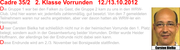 Cadre 35/2   2. Klasse Vorrunden   12./13.10.2012 Die Gruppe 1 war bei den Falken zu Gast, die Gruppe 2 kam zu uns in den WRW-Club. Und hier waren wir, jedenfalls zahlenmäßig, gut besetzt. Von den 7 gemeldeten Teilnehmern waren nur sechs angetreten, aber vier davon hatten als WRW-ler ein Heimspiel.  Unser Carsten Bielka hat schließlich nicht nur in der heimischen Vorrunde den 1. Platz belegt, sondern auch in der Gesamtwertung beider Vorrunden. Dritter wurde Heider Hoffmann, der allerdings bei der Endrunde nicht dabei sein kann.  Diese Endrunde wird am 2./3. November bei Borsigwalde stattfinden.